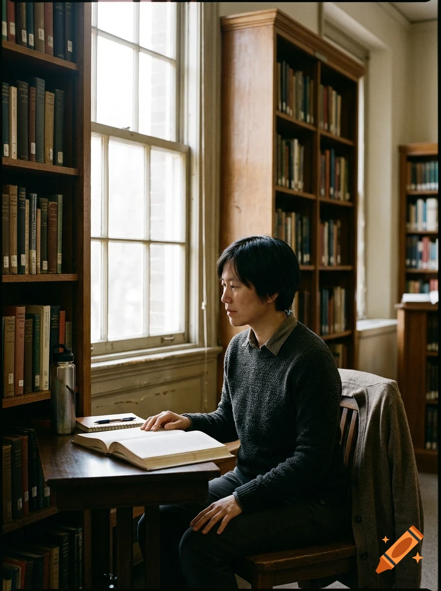 A person sitting at a desk in a library reading a book.