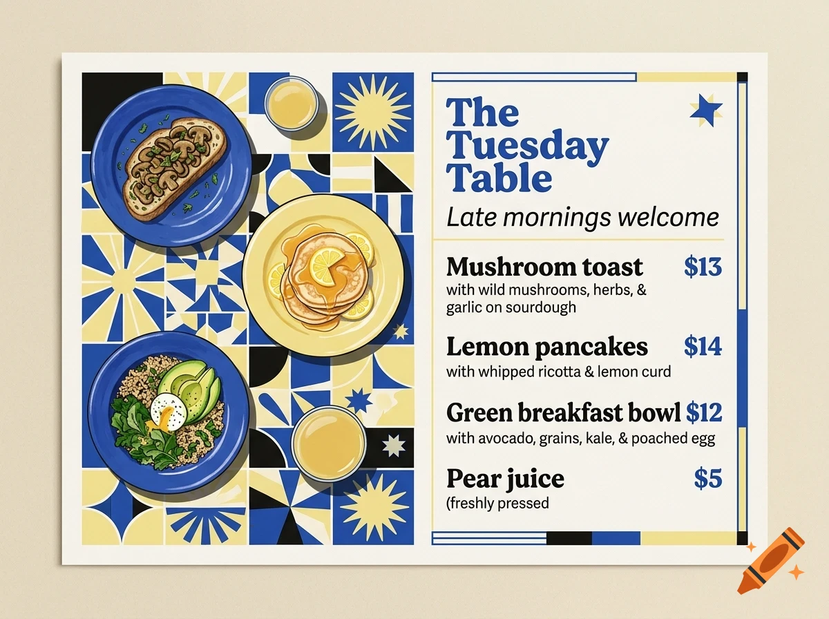 An illustration of a restaurant menu titled The Tuesday Table featuring dishes like mushroom toast, lemon pancakes, and breakfast bowl.