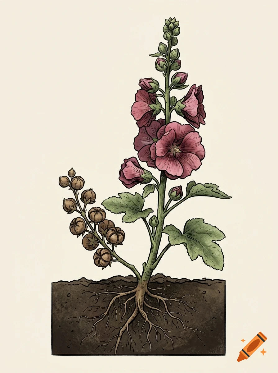 An illustrated botanical diagram of a hollyhock plant showing pink flowers, buds, seed pods, and roots growing in soil.