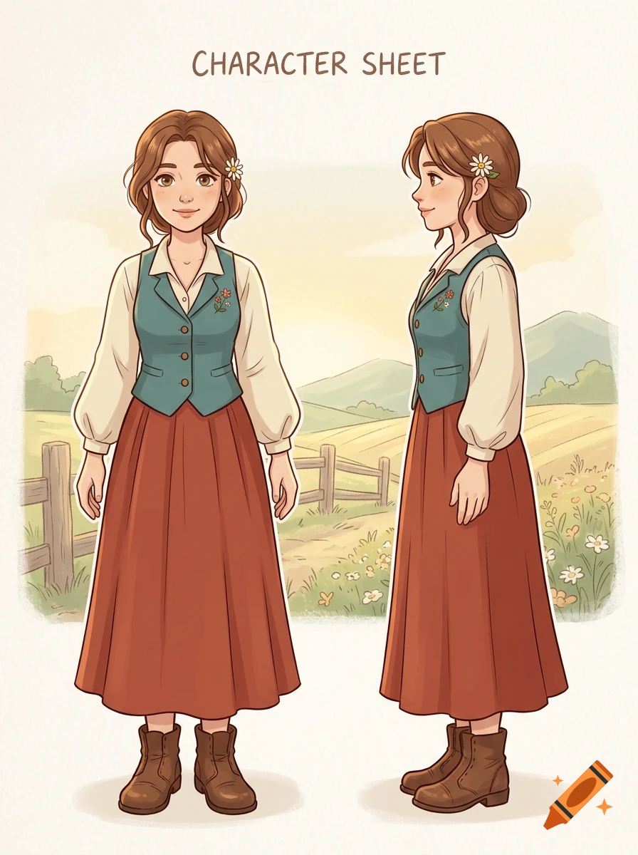 Anime style character sheet of a female farmer with brown hair, front and side view, in a pastoral setting.