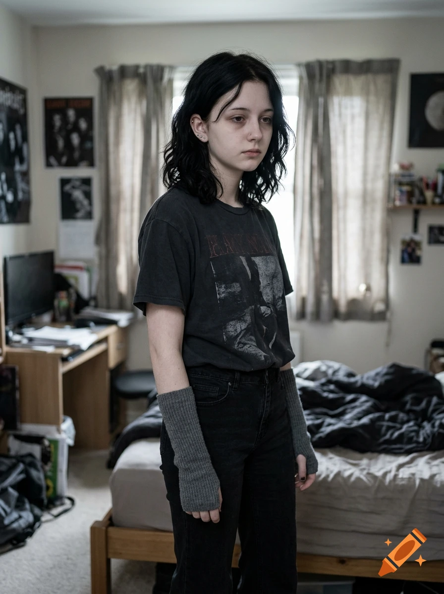 Photorealistic medium shot of a depressed teenage girl with black hair and grey arm warmers standing in her bedroom.