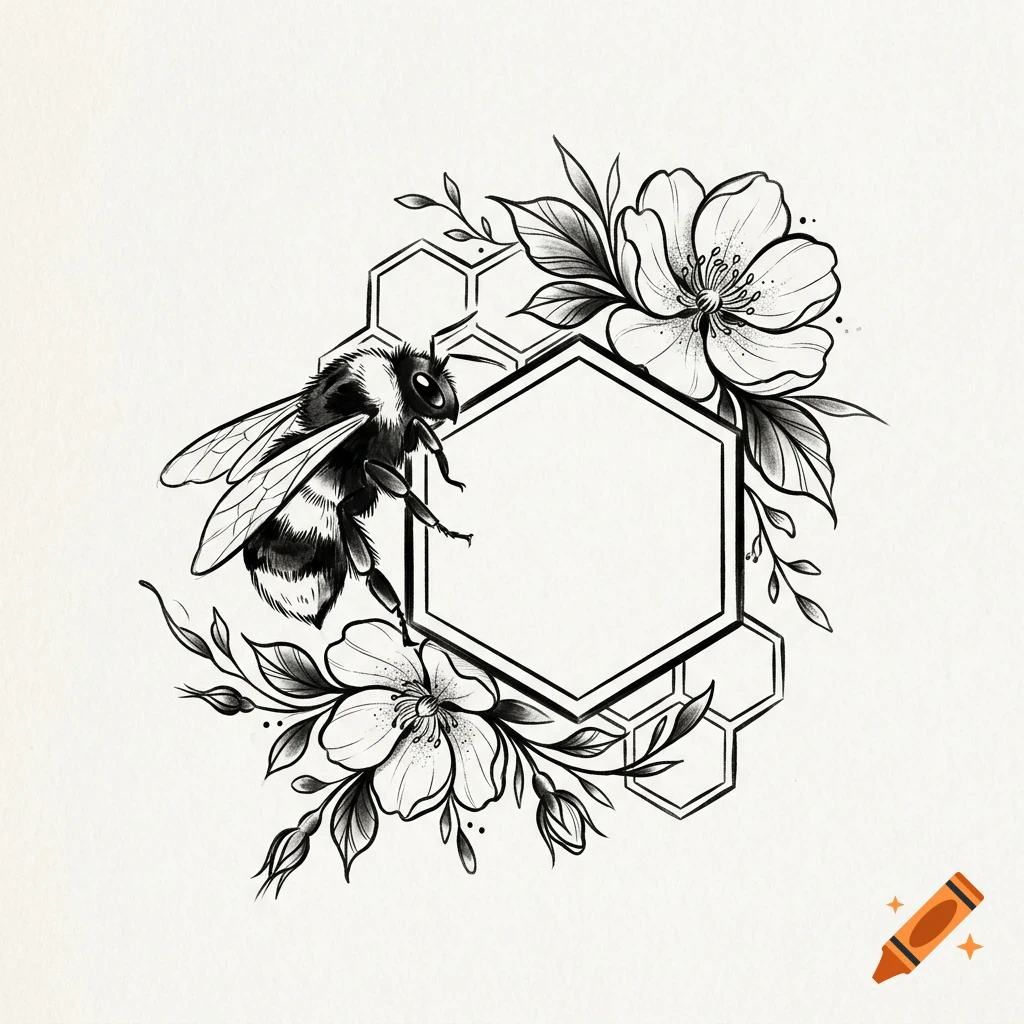 Black and white ink illustration of a bumblebee with flowers and a large hexagonal frame with honeycomb details.