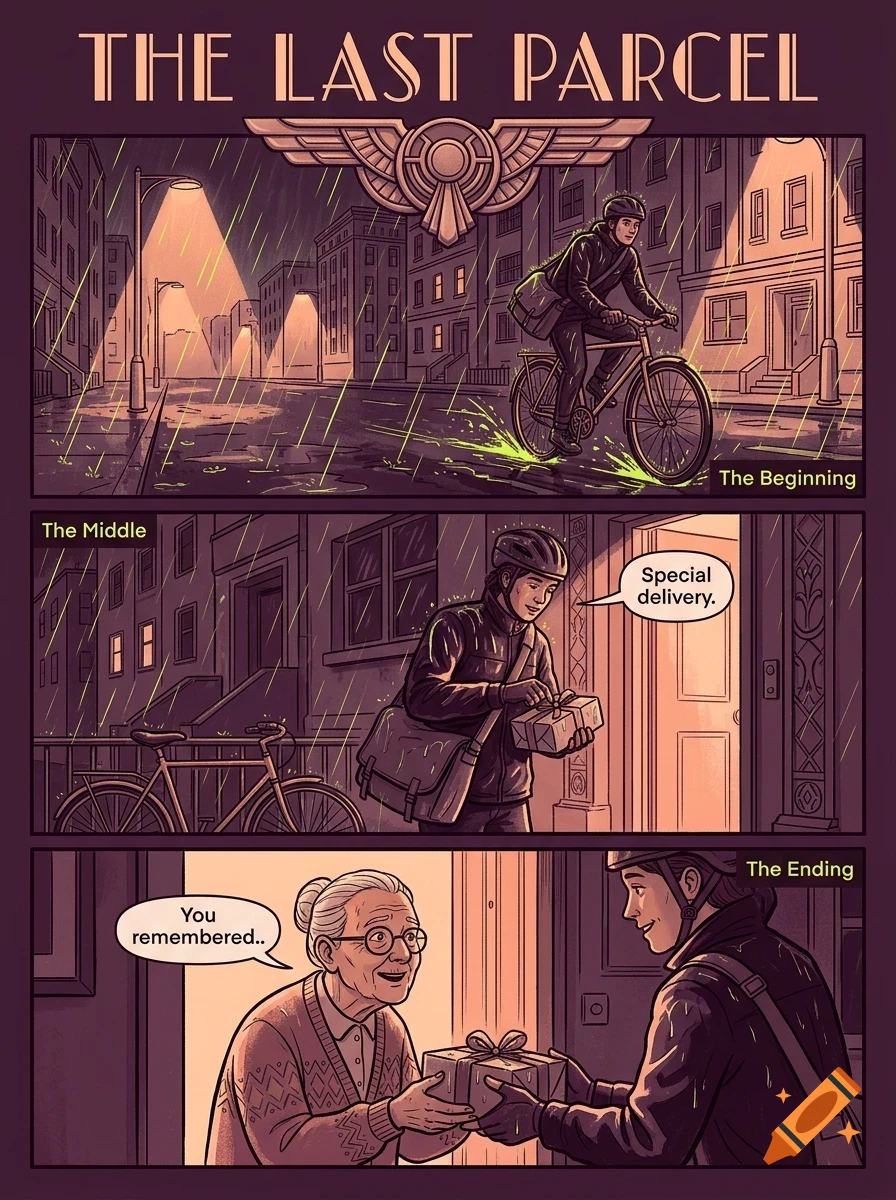 A three-panel comic titled The Last Parcel showing a courier delivering a package to an elderly woman on a rainy night.