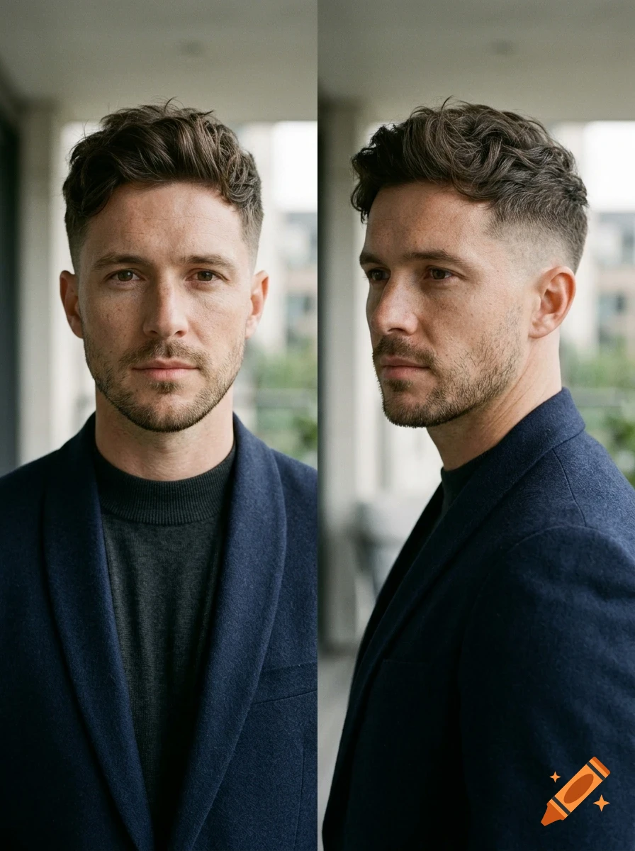 A man with short curly brown hair and stubble is shown in a two-view portrait wearing a blue jacket.