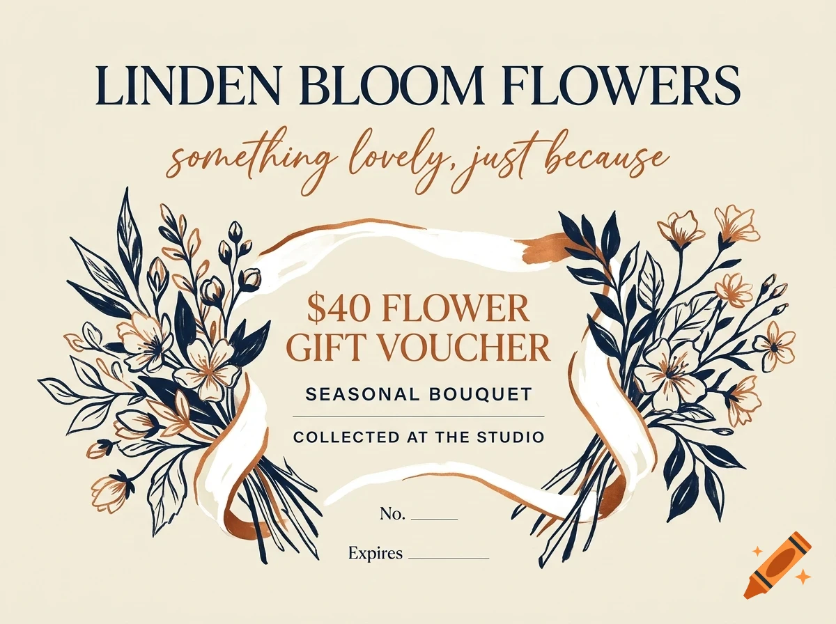 A flower gift voucher design with floral illustrations and text reading LINDEN BLOOM FLOWERS and $40 FLOWER GIFT VOUCHER.