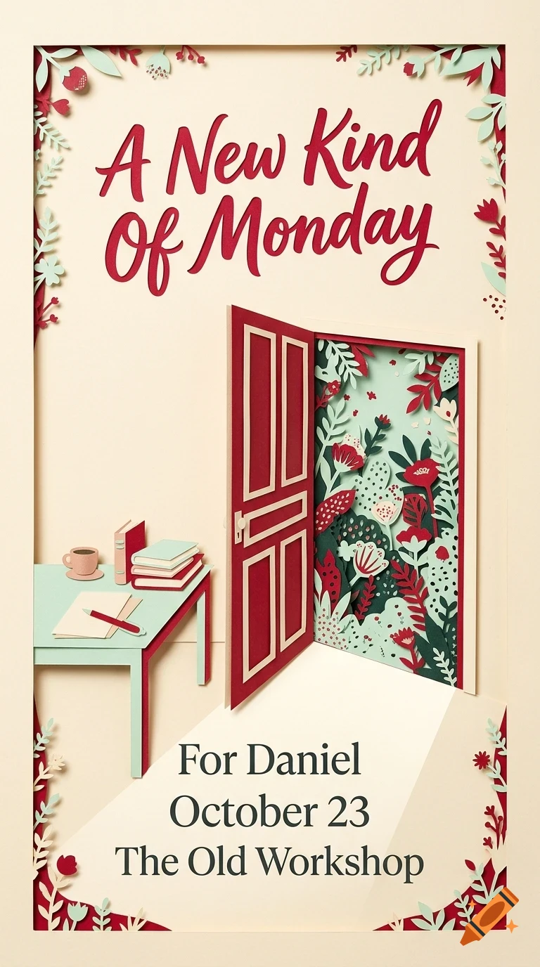 An illustrated paper-cut style poster with text 'A New Kind Of Monday', showing an open red door revealing a botanical scene, a desk with books and a cup, and event details below.