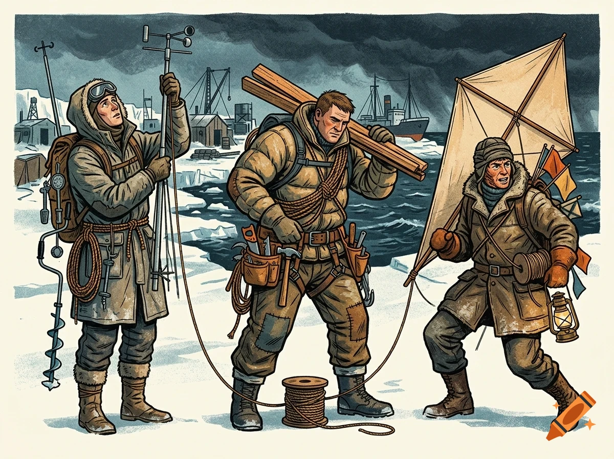 Three explorers in cold-weather gear working in a snowy polar landscape with a ship and tents in the background.