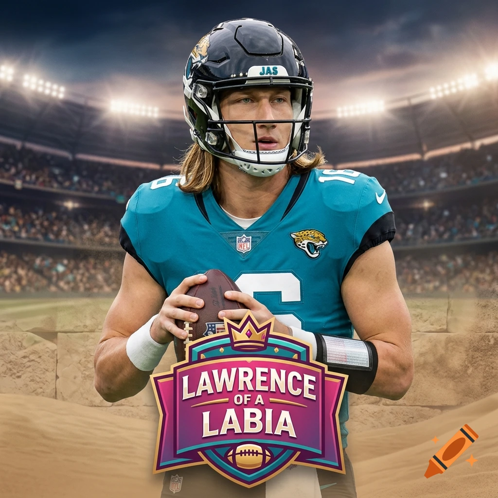 Trevor Lawrence in a Jacksonville Jaguars uniform holding a football, with a fantasy football team logo reading 'Lawrence of a Labia'.