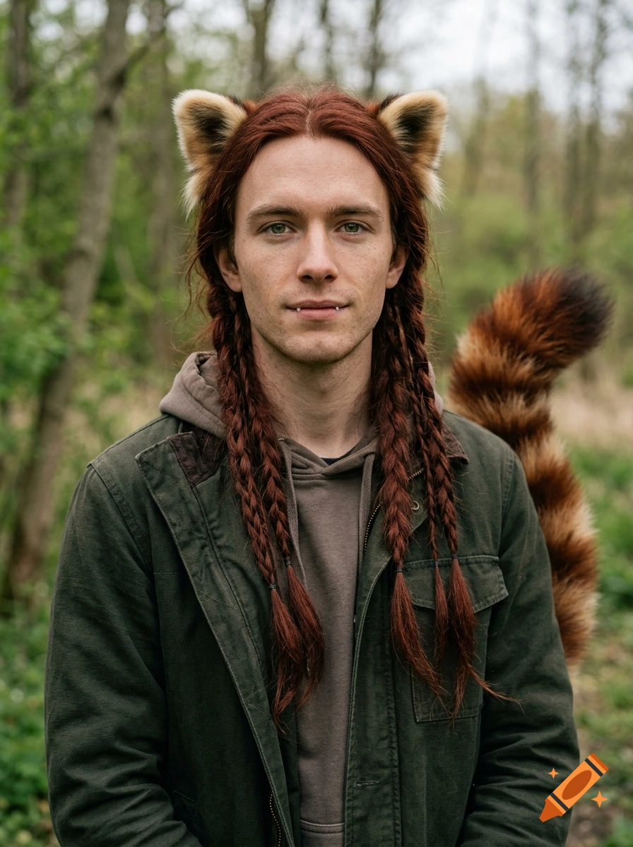 Photorealistic portrait of a young man with red panda ears, long braided red hair, small fangs, and a red panda tail in a forest.