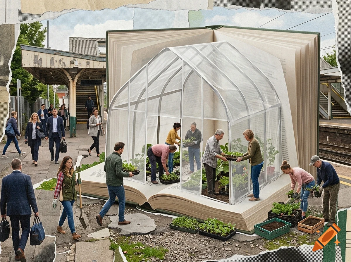 A collage showing a giant open book on a train platform, with a greenhouse built on its pages where people are gardening.
