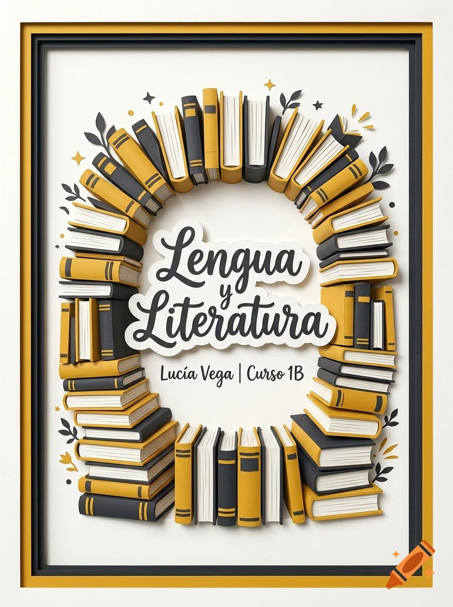 An artistic poster design featuring books arranged in an oval frame around the Spanish text Lengua y Literatura and Lucía Vega | Curso 1B.