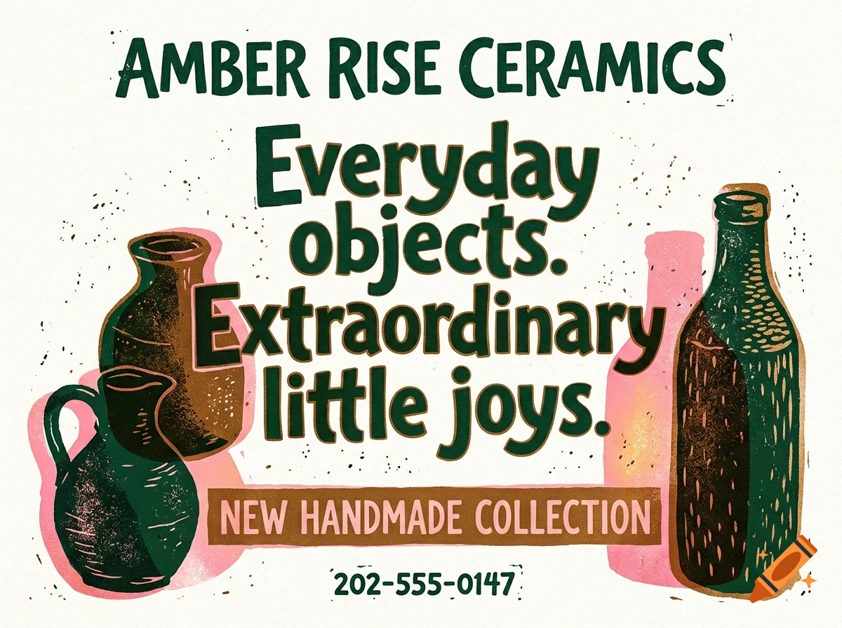 An advertisement poster with lettering reading 'AMBER RISE CERAMICS' and 'Everyday objects. Extraordinary little joys.', featuring illustrations of ceramic vases, jugs, and a bottle.