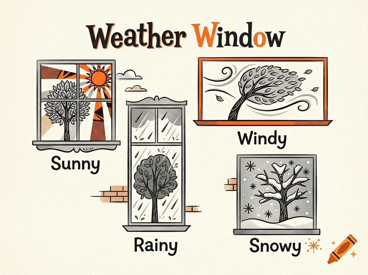 An educational illustration titled Weather Window depicting four windows showing sunny, rainy, windy, and snowy weather conditions.