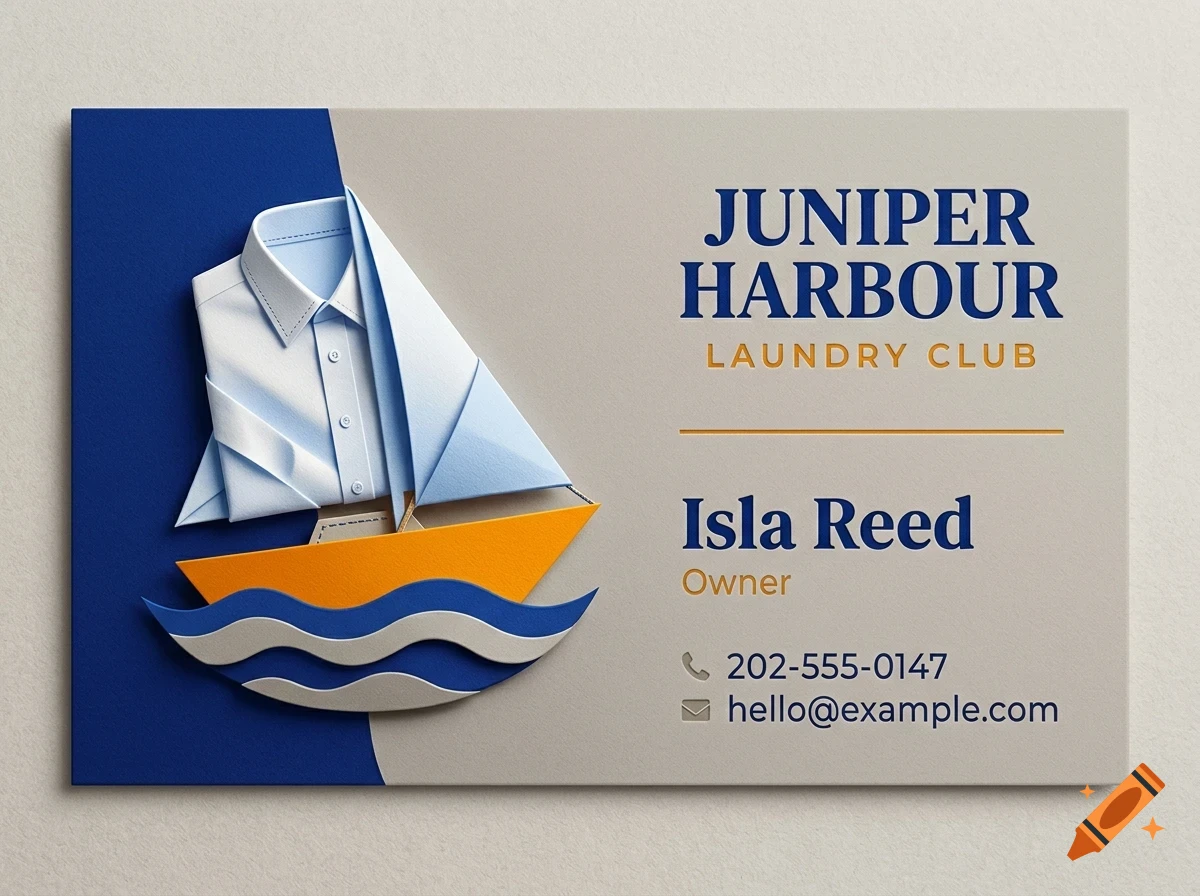 A business card for Juniper Harbour Laundry Club featuring a papercraft illustration of a boat with a folded shirt as a sail, reading "Isla Reed, Owner".