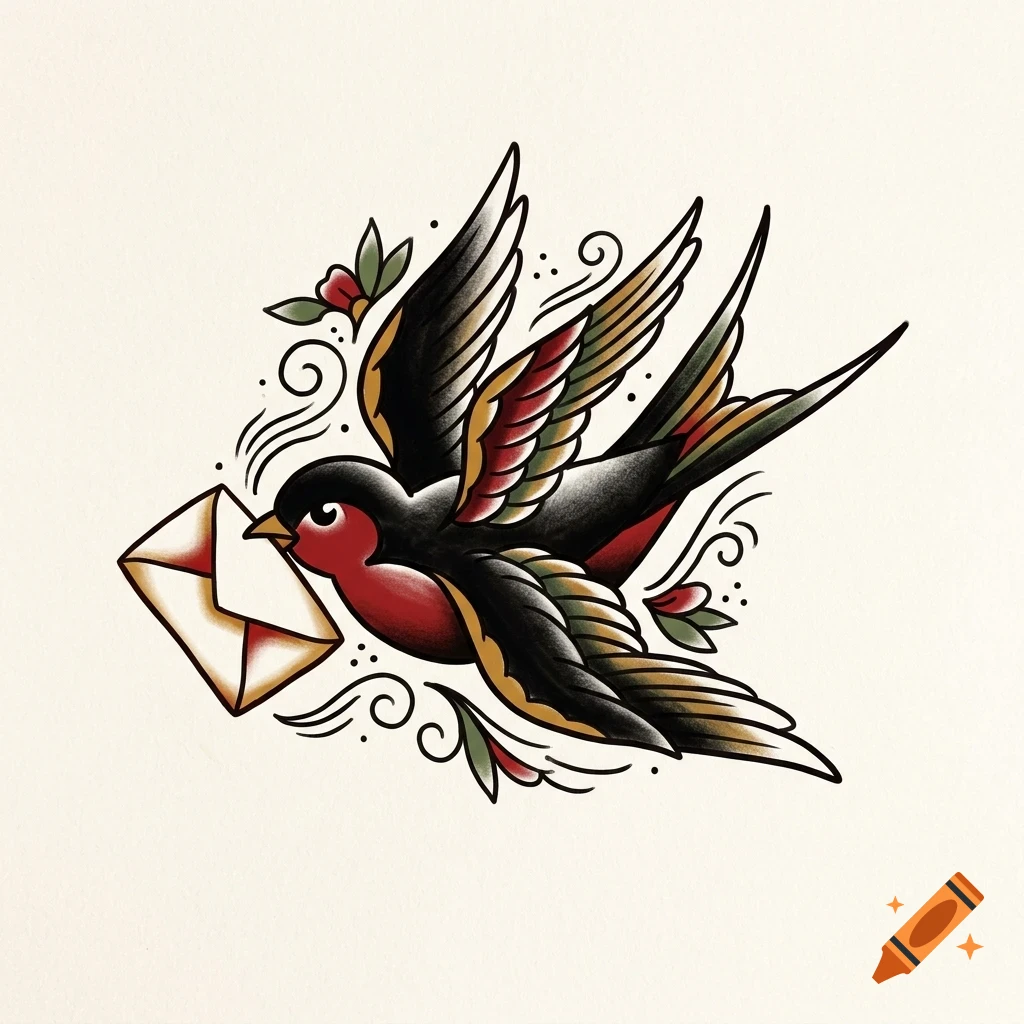 An illustrated swallow carrying an envelope in its beak, styled like traditional flash art.