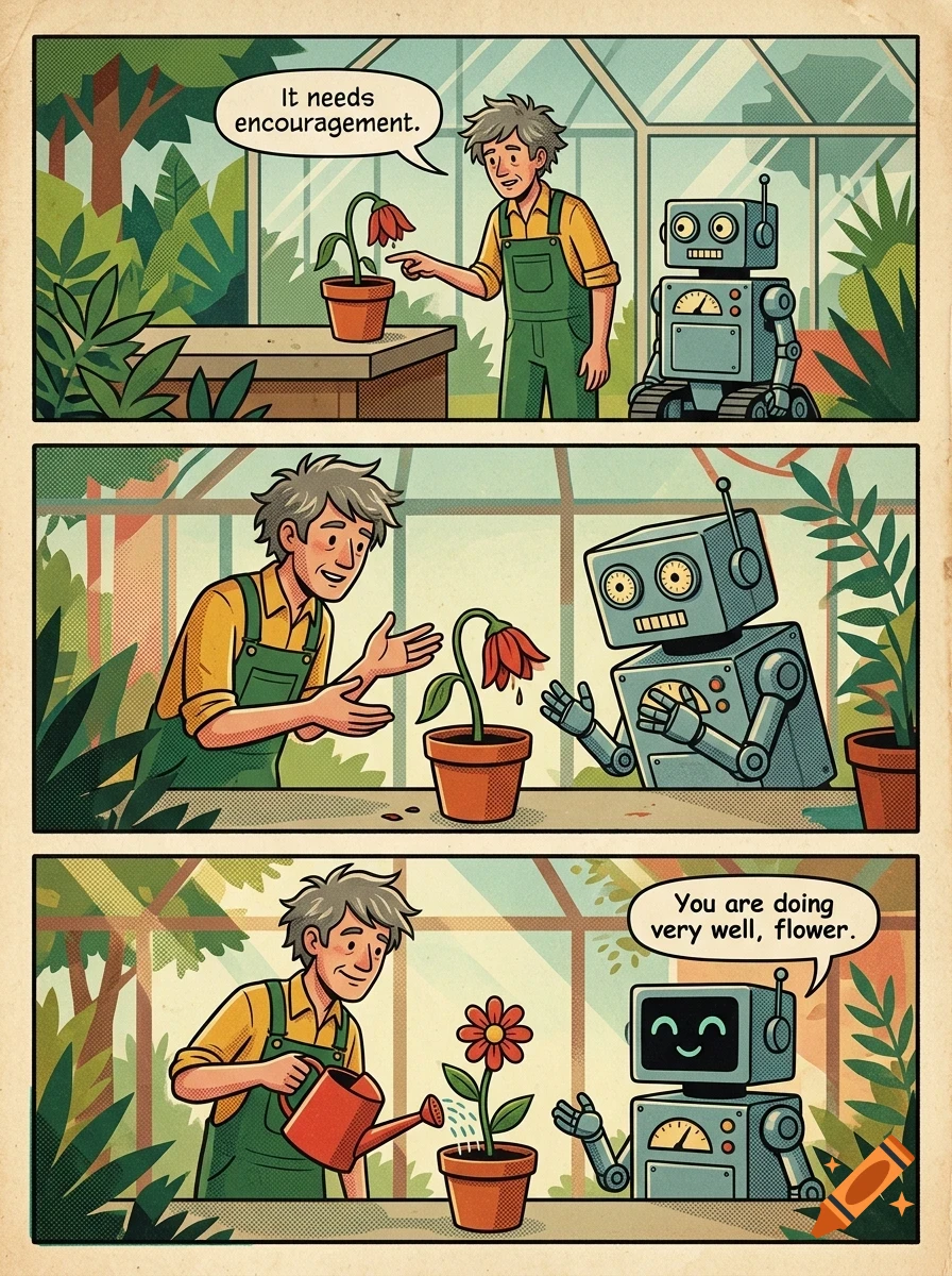 A three-panel comic strip showing a gardener and a small robot encouraging a drooping potted flower in a greenhouse until it blooms.