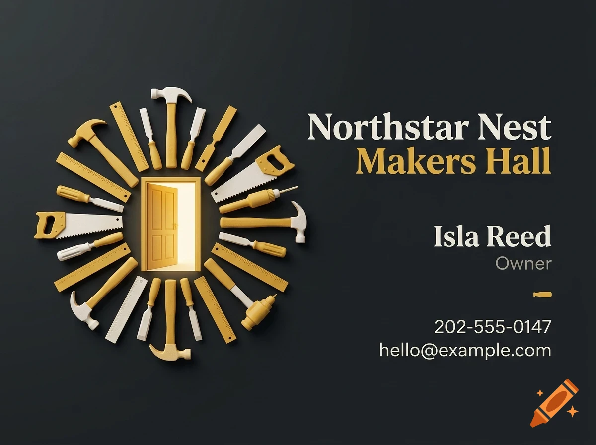 A business card featuring a circular arrangement of 3D yellow and white tools around an open door, with text reading Northstar Nest Makers Hall and Isla Reed Owner.