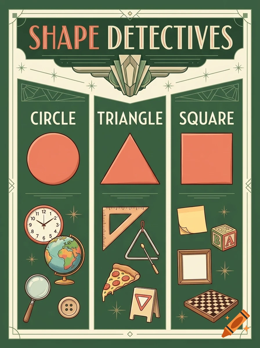 An educational poster titled Shape Detectives, featuring sections for circle, triangle, and square with matching objects and geometric shapes.
