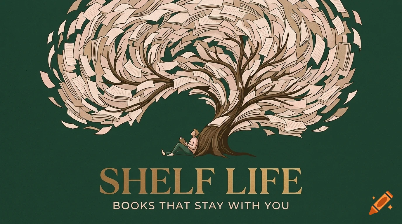 An illustration of a person sitting and reading under a large tree whose leaves are made of scattered book pages, with text reading SHELF LIFE BOOKS THAT STAY WITH YOU below.