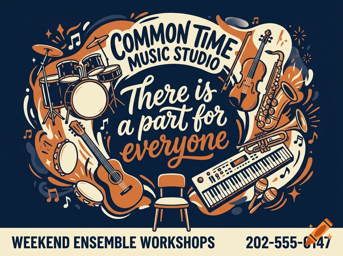 An illustrated poster for Common Time Music Studio featuring various musical instruments, a chair, and lettering.