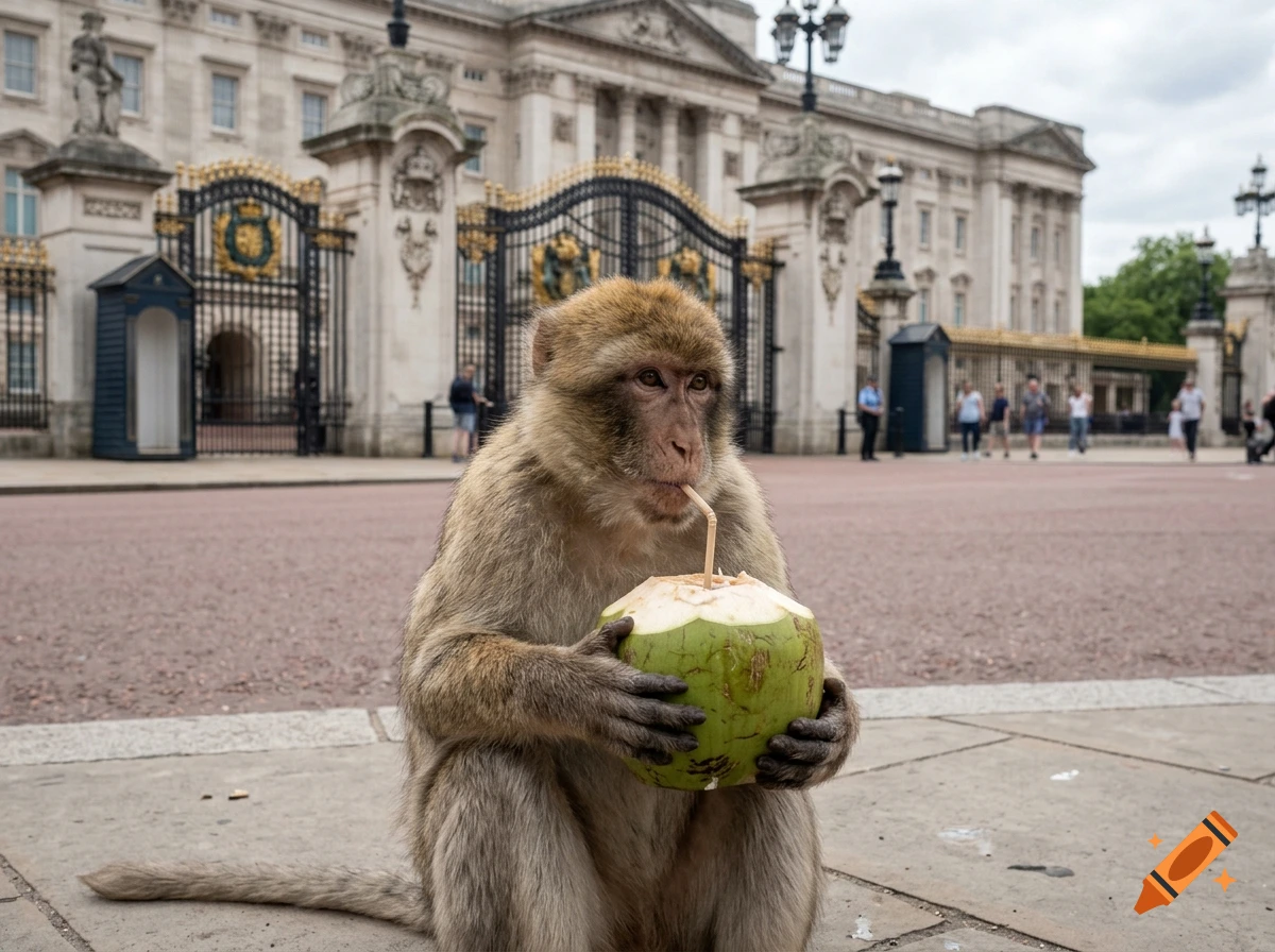 A macaque monkey sitting on a stone pavement in front of Buckingham Palace, drinking from a green coconut with a straw. Photorealistic.