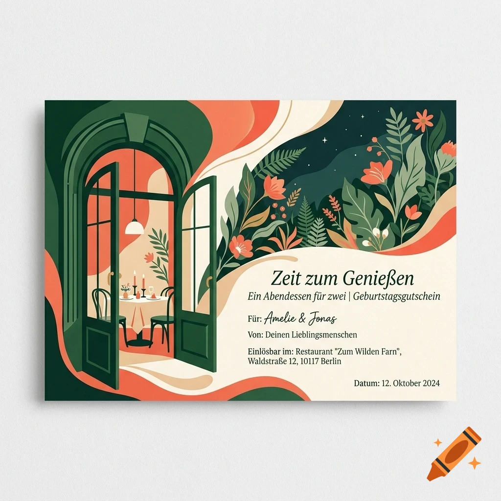An illustrated voucher card with an open green doorway revealing a restaurant table for two, surrounded by botanical foliage and abstract shapes, featuring German text.