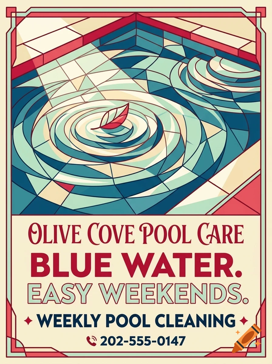 An illustrated poster advertising Olive Cove Pool Care, featuring a stylized graphic of a swimming pool with blue water and a red leaf floating on ripples.