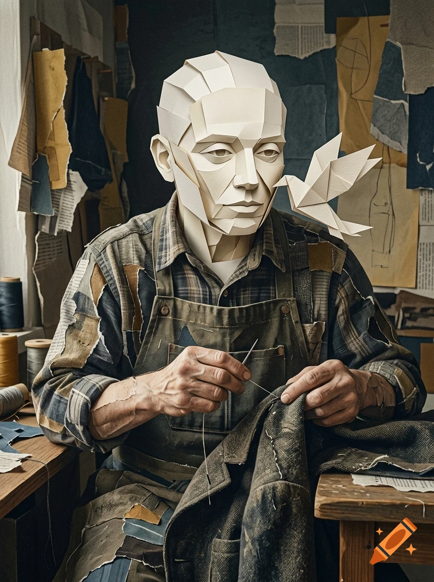 A person with a faceted papercraft mask is sewing a garment in a cluttered workshop with an origami bird nearby.