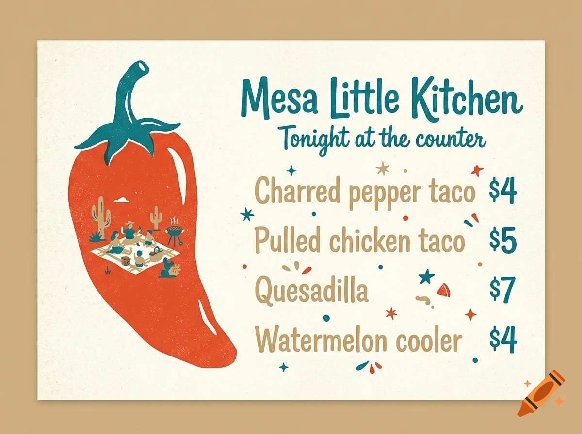 A menu card with a large red chili pepper containing a tiny picnic scene, alongside text reading Mesa Little Kitchen and menu items.