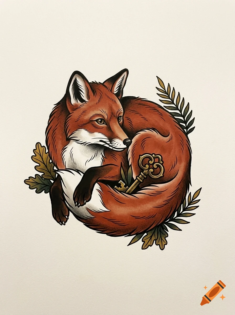 An illustration of a curled-up red fox with a key tucked near its tail, surrounded by leaves.