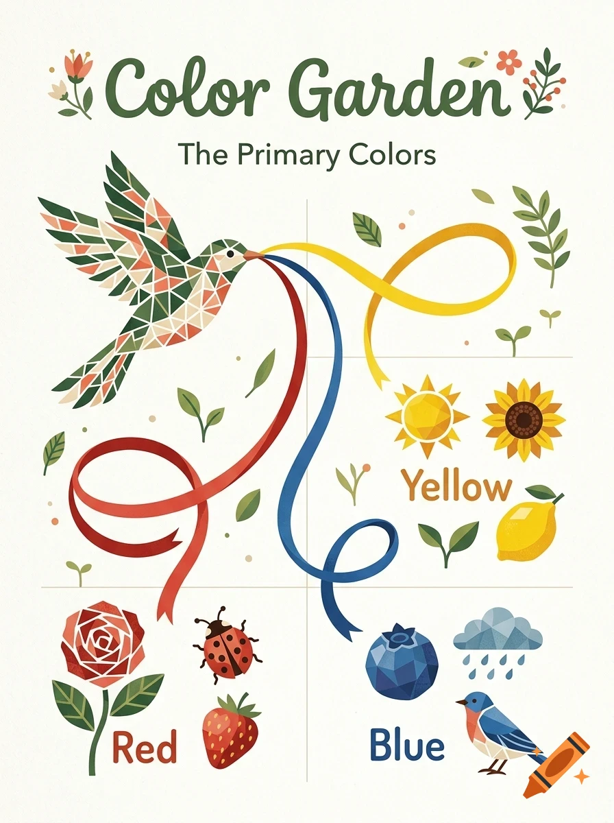 An educational poster titled Color Garden: The Primary Colors, featuring a mosaic-style bird holding ribbons, along with red, yellow, and blue themed nature elements.