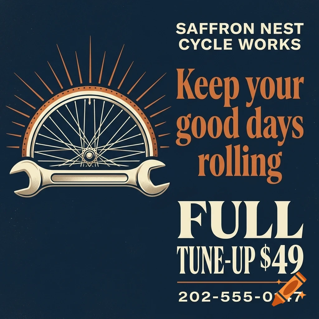 An advertisement for Saffron Nest Cycle Works featuring a bicycle wheel and wrench graphic with text reading Keep your good days rolling Full tune-up $49 and a phone number.
