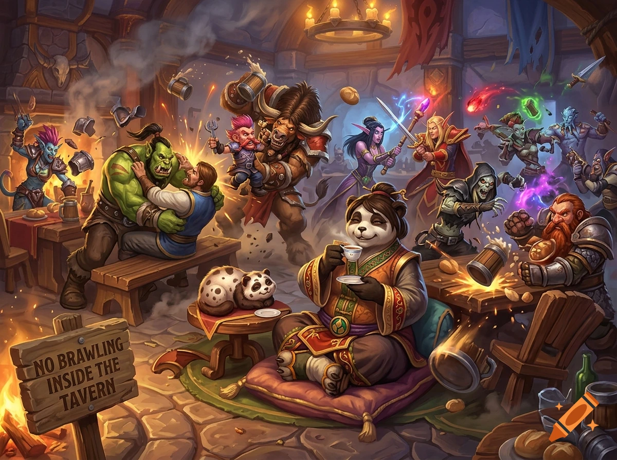 Detailed fantasy illustration of a tavern brawl with diverse Warcraft races fighting while a panda drinks tea.