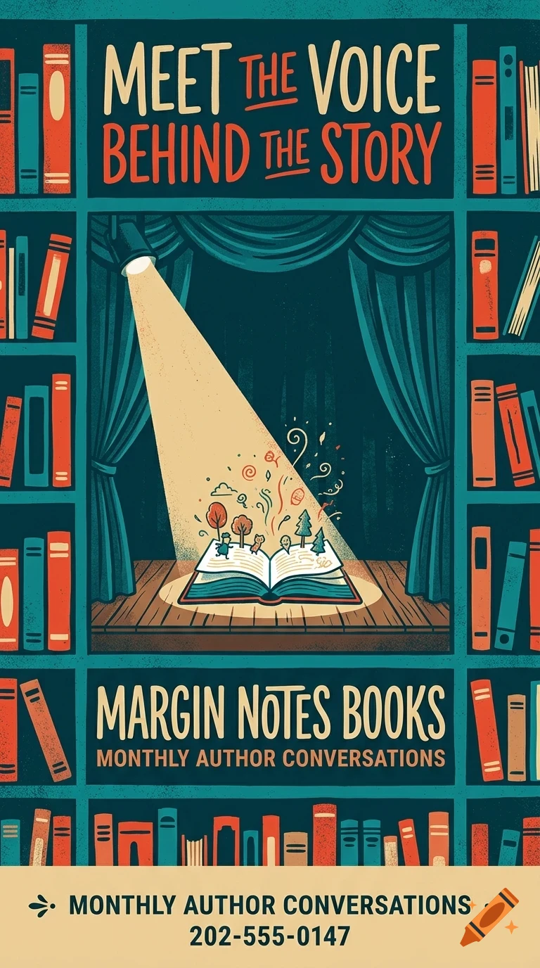 An illustration of an open book on a stage under a spotlight, surrounded by bookshelves and text reading 'Meet the voice behind the story'.
