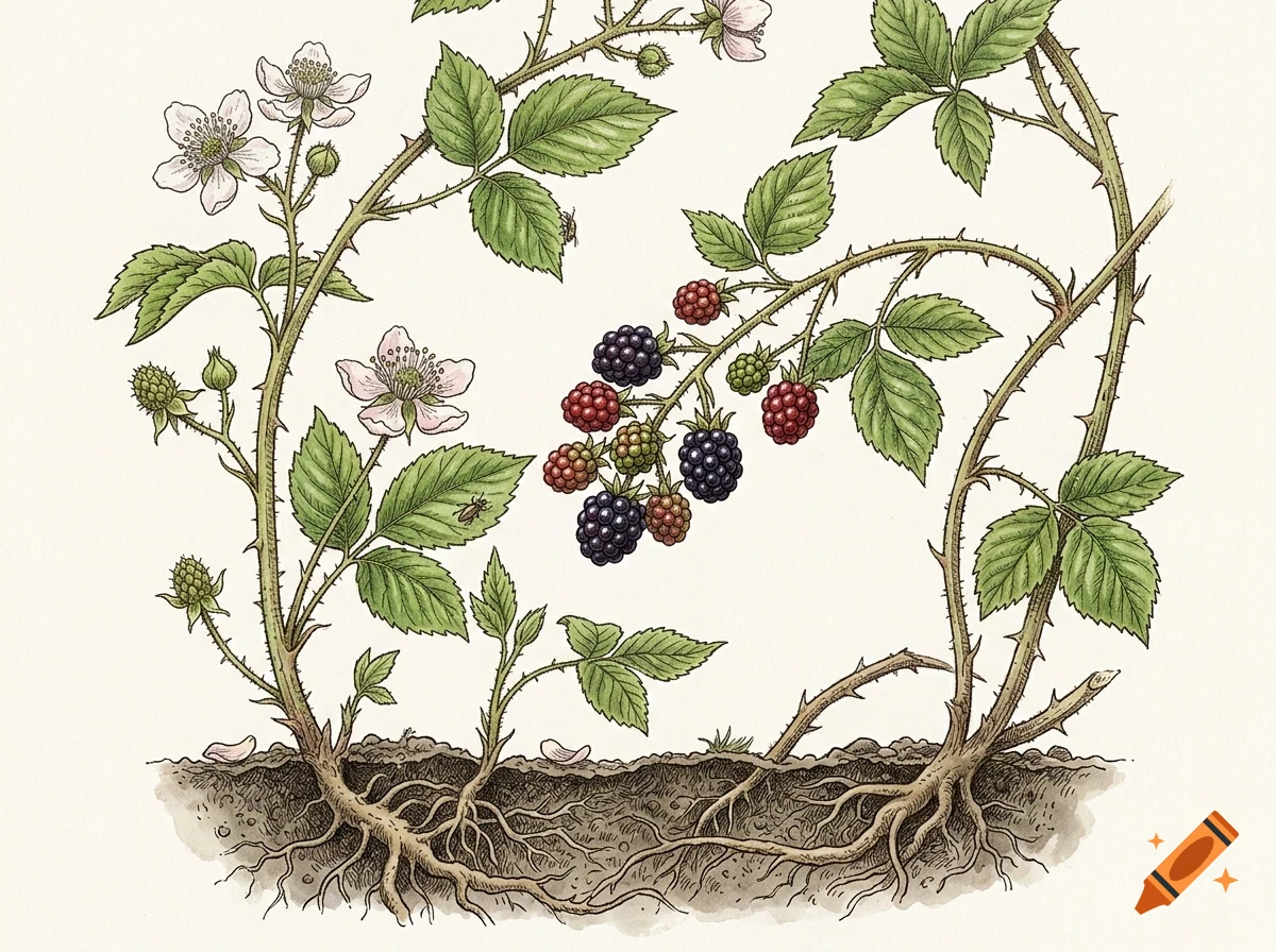 Botanical illustration of blackberry plants showing roots, thorny stems, green leaves, white flowers, and berries in various stages of ripeness from green to dark purple.