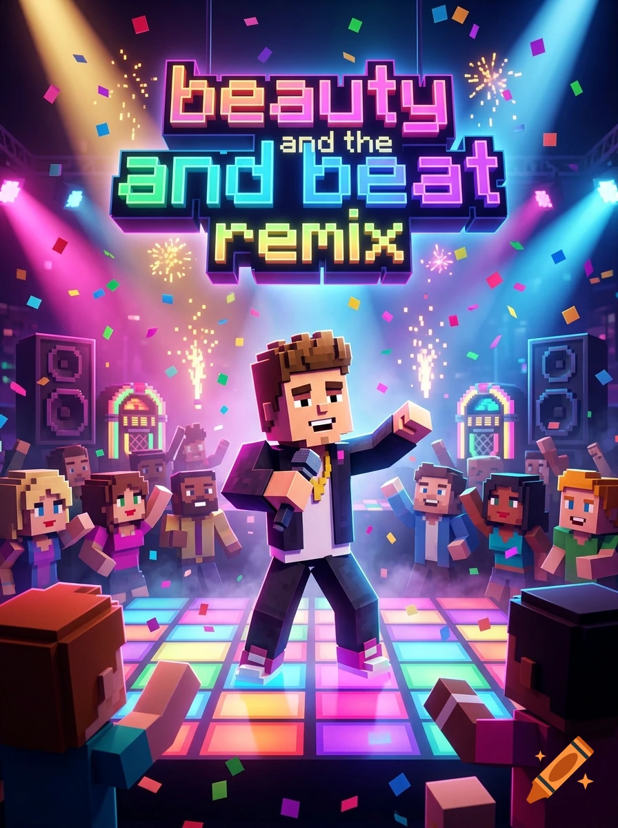 Minecraft-style digital art of Justin Bieber singing on a colorful party stage with crowd dancing.