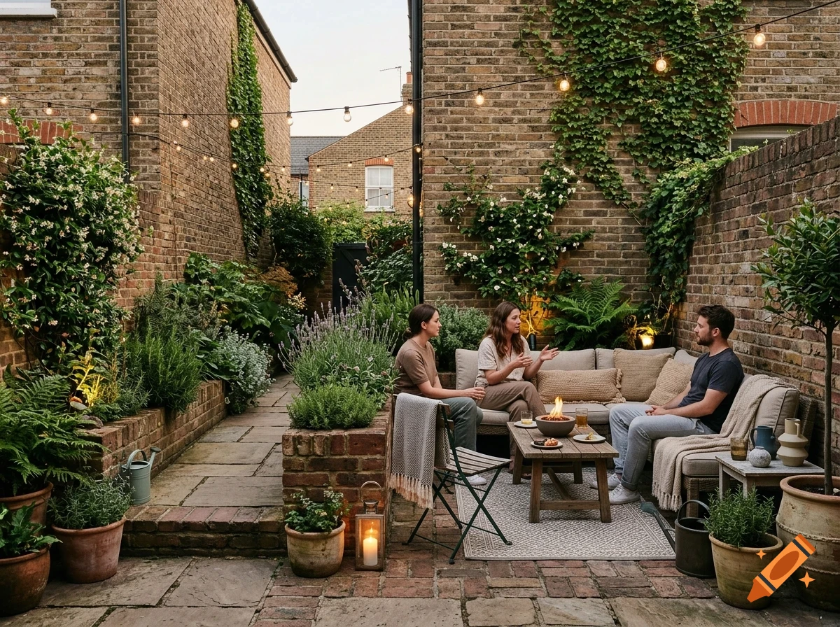 Three people relaxing and chatting in a narrow brick courtyard garden at dusk, illuminated by string lights and a small fire pit.