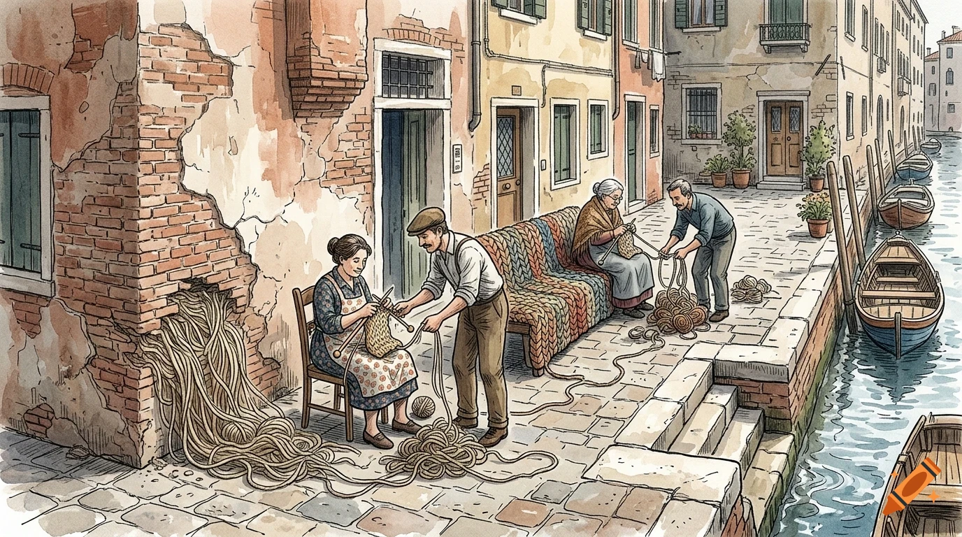 People knitting and working with yarn along a canal in a European city street.