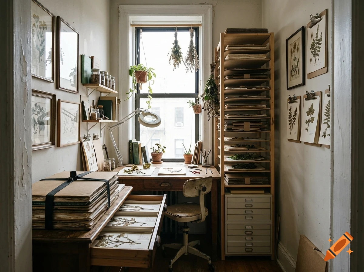 A small, cozy botanist workshop with a wooden desk, organized shelves of plant specimens, botanical prints on the walls, and a large stack of pressed plants in the foreground.