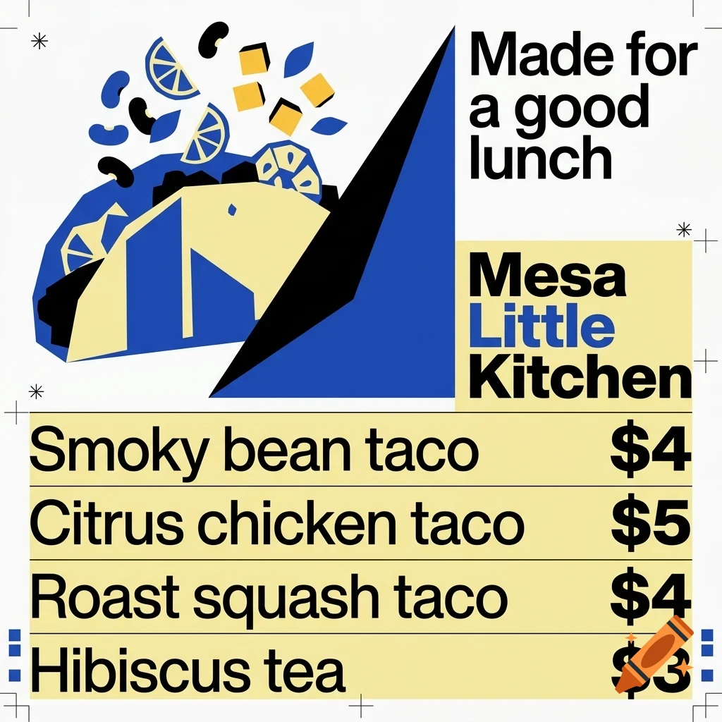 A menu graphic for Mesa Little Kitchen featuring a stylized taco illustration and prices for items like smoky bean taco, citrus chicken taco, roast squash taco, and hibiscus tea.
