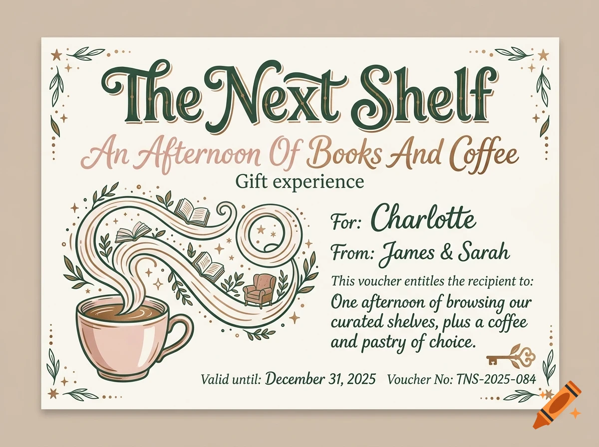 A gift voucher titled 'The Next Shelf: An Afternoon Of Books And Coffee' featuring illustrations of a steaming cup, flying books, and foliage in an ink and pencil style.
