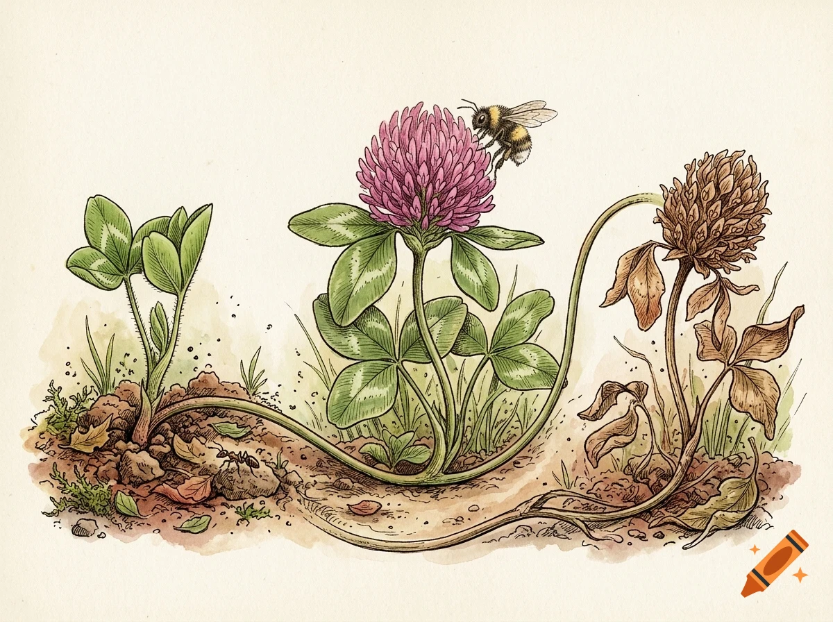 Botanical illustration of a clover plant lifecycle showing a sprout, a flowering clover with a bee, and a withered clover.