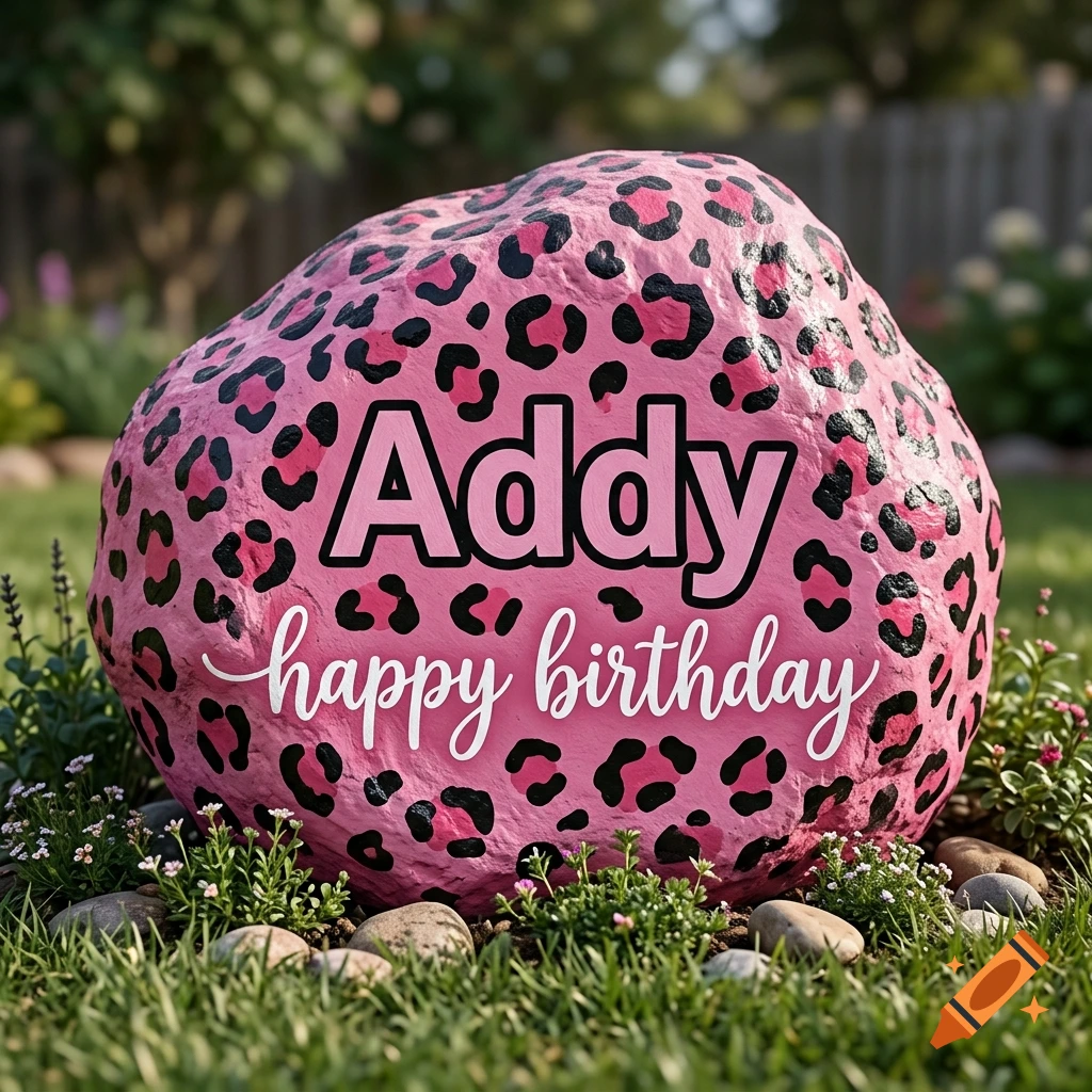 A pink rock with black cheetah print resting in grass, featuring the name Addy and the text happy birthday.
