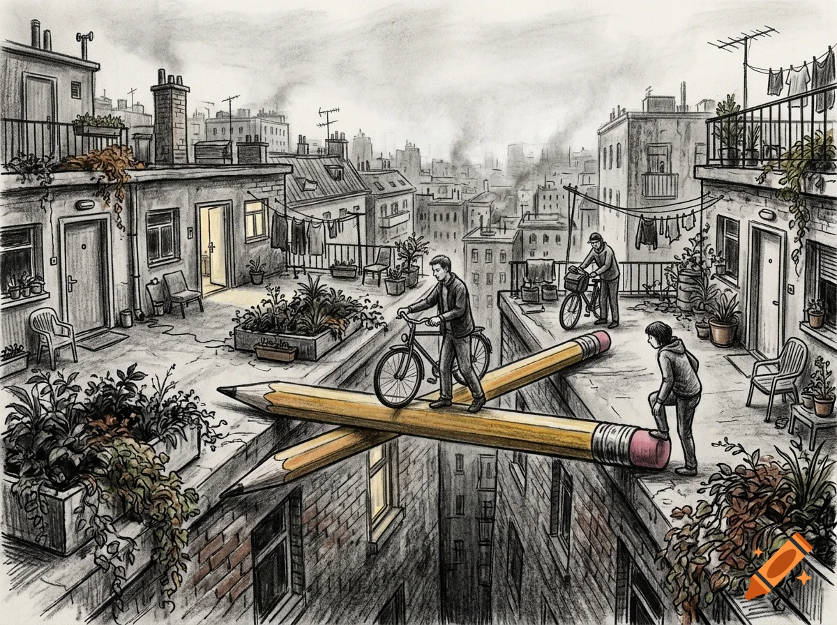 An ink and pencil drawing showing two giant pencils forming a bridge between apartment rooftops, where people walk and ride bicycles.