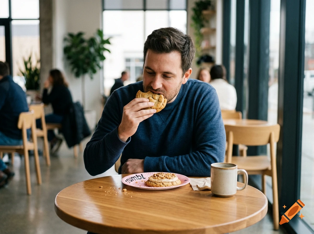 Photorealistic image of a man eating a cookie in a cafe, with a pink box and a coffee mug on the wooden table.