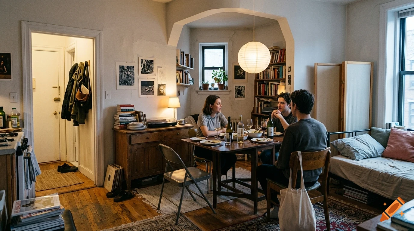 Three young adults gathered around a dining table inside a cozy apartment.