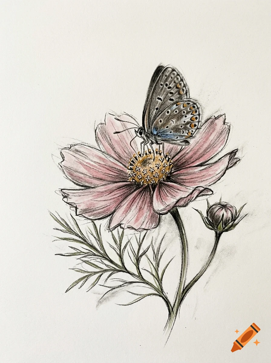 An ink and pencil drawing of a blue butterfly perched on a pink cosmos flower with a bud.