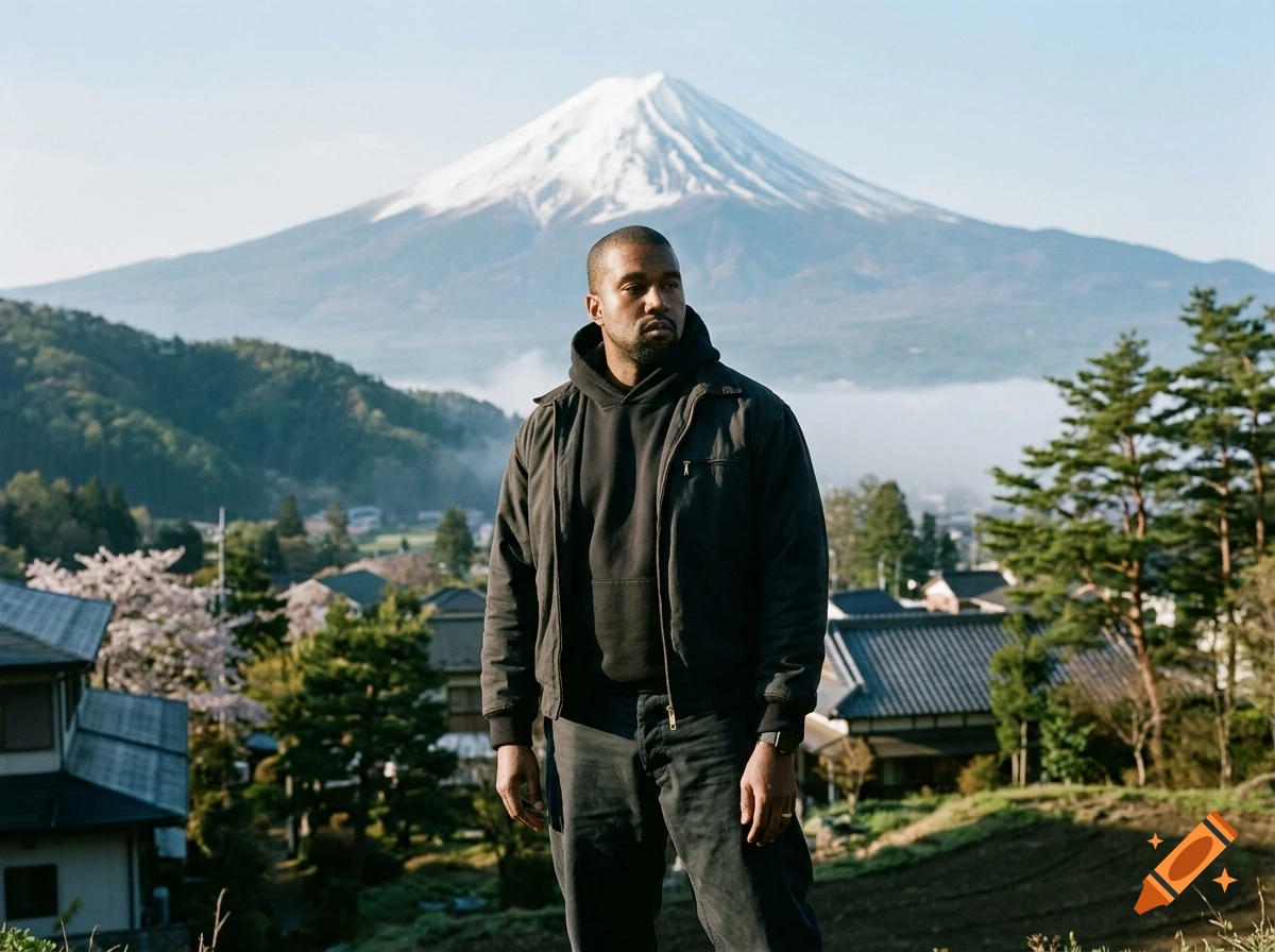Kanye West standing in a rural Japanese village with Mount Fuji in the background, photorealistic style.