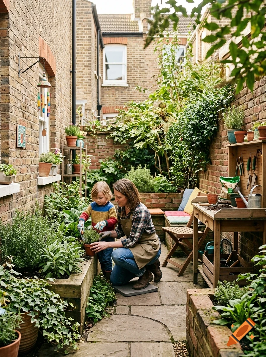 A woman and a young child gardening together in a narrow brick courtyard filled with potted plants and wooden planters.