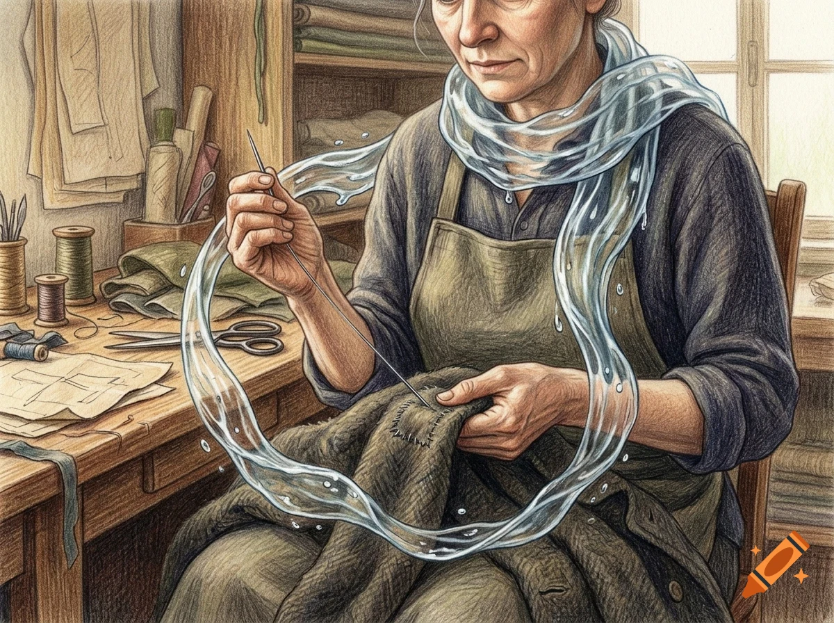 An older woman in a workshop sews a fabric patch while a flowing stream of water loops from her scarf.